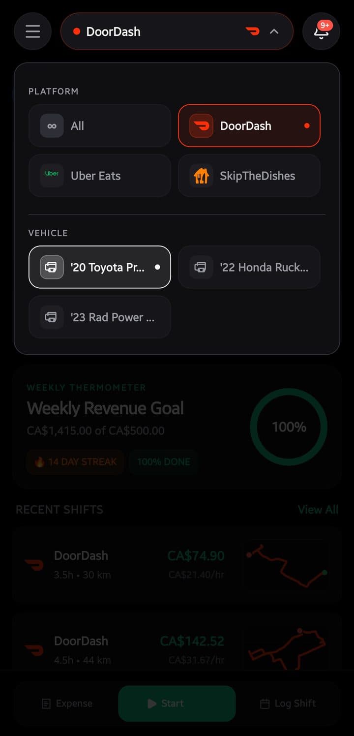 Platform and vehicle switcher with DoorDash selected