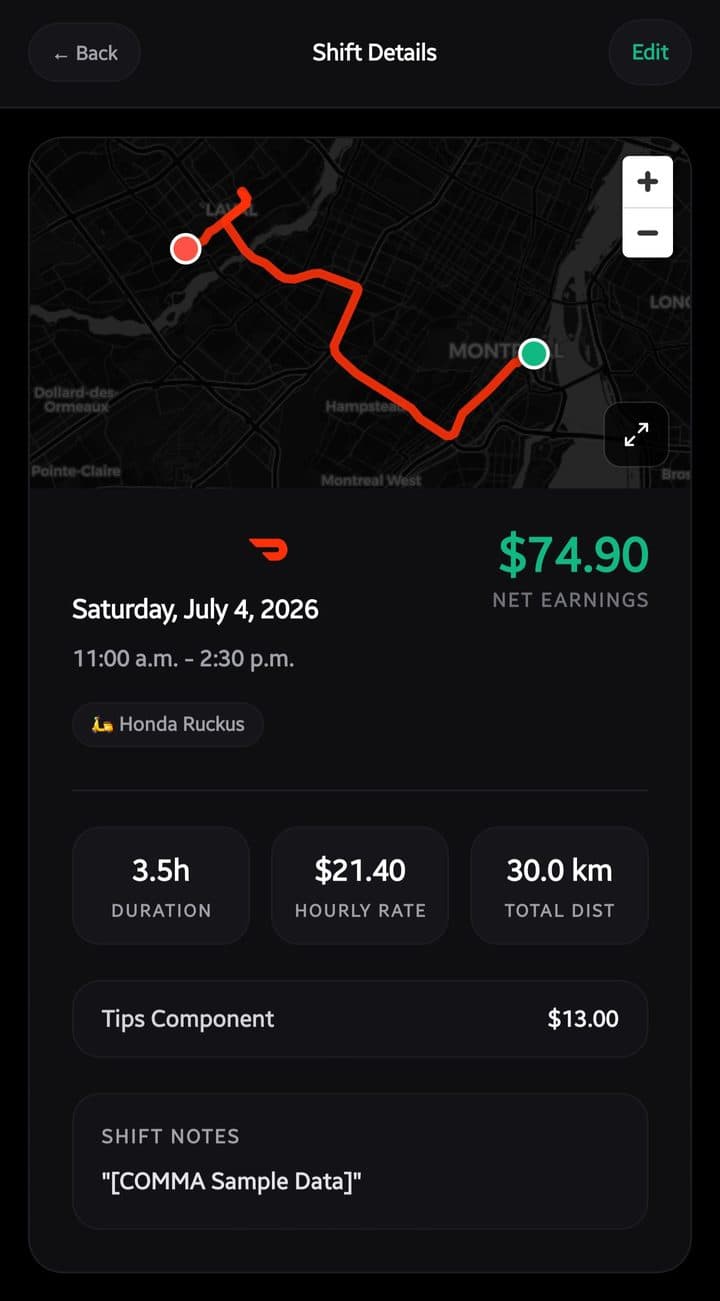 Shift details with GPS route map, duration, hourly rate and distance