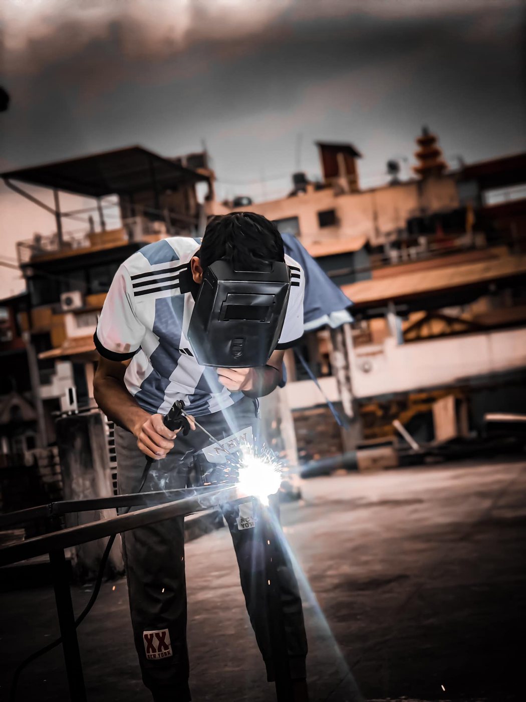 Welding on a rooftop in Kathmandu
